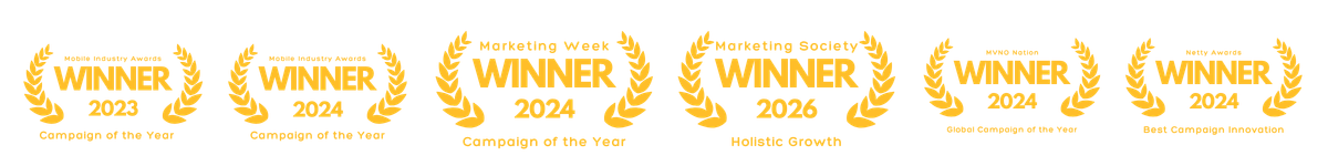 Award wins — Mobile Industry Awards Campaign of the Year 2023 & 2024, Marketing Week Campaign of the Year 2024, Marketing Society Holistic Growth 2026, MVNO Nation Global Campaign of the Year 2024, Netty Awards Best Campaign Innovation 2024